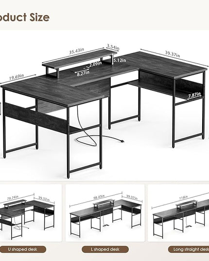 79” U Shaped Desk with Power Outlets, Reversible L Shaped Gaming Desk with Storage Shelves, Large Corner Computer Desk with Monitor Stand, 2 Person Desk for Home Office, Grey Black - LeafyLoom