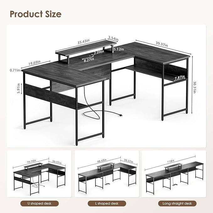 79” U Shaped Desk with Power Outlets, Reversible L Shaped Gaming Desk with Storage Shelves, Large Corner Computer Desk with Monitor Stand, 2 Person Desk for Home Office, Grey Black - LeafyLoom