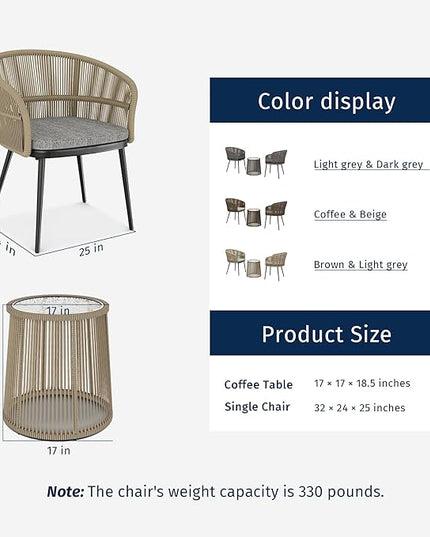 EAST OAK 3-Piece Patio Bistro Set, Patio Conversation Bistro Set with 2 Wide Ergonomic Chairs, Cushions & Glass Top Side Table, Outdoor All-Weather Wicker Furniture for Porch, Backyard, Brown & Grey - LeafyLoom