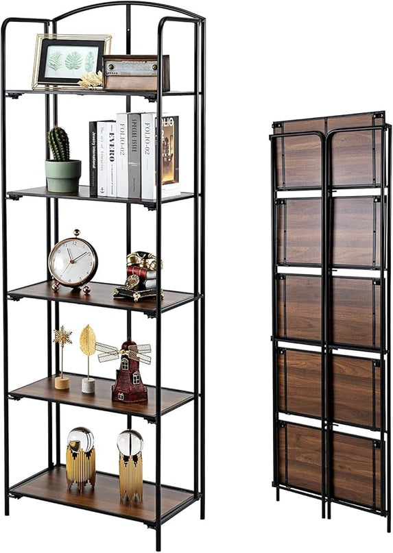 No Assembly Folding Bookshelf, 5 Tier Black Bookshelf, Metal Book Shelf for Storage, Folding Bookcase for Office Organization and Storage, 12.87" D x 22.91" W x 68.1" H - LeafyLoom