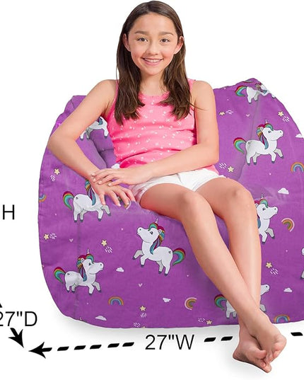 Posh Creations Structured Comfy Bean Bag Chair for Gaming, Reading, and Watching TV, Coronado Chair, Canvas - Unicorn and Rainbows on Purple - LeafyLoom