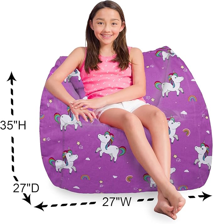 Posh Creations Structured Comfy Bean Bag Chair for Gaming, Reading, and Watching TV, Coronado Chair, Canvas - Unicorn and Rainbows on Purple - LeafyLoom