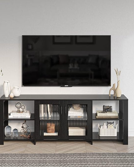 Panana TV Stand for 70 inch TV, Entertainment Center TV Console Table TV Storage Cabinets Media Console with 2 Doors and Open Shelves, 4 Cubby for Living Room Bedroom, Black - LeafyLoom