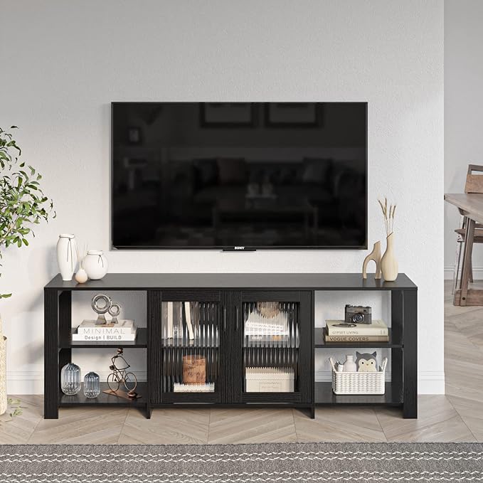 Panana TV Stand for 70 inch TV, Entertainment Center TV Console Table TV Storage Cabinets Media Console with 2 Doors and Open Shelves, 4 Cubby for Living Room Bedroom, Black - LeafyLoom
