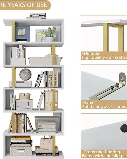 Bookshelf geometric bookcase S Shaped industrial bookshelf Storage Display Stand Shelf for Living Room Bedroom and office Room (White, 6 Tier) - LeafyLoom