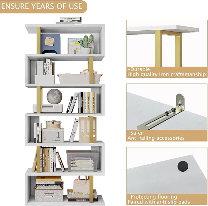 Bookshelf geometric bookcase S Shaped industrial bookshelf Storage Display Stand Shelf for Living Room Bedroom and office Room (White, 6 Tier) - LeafyLoom
