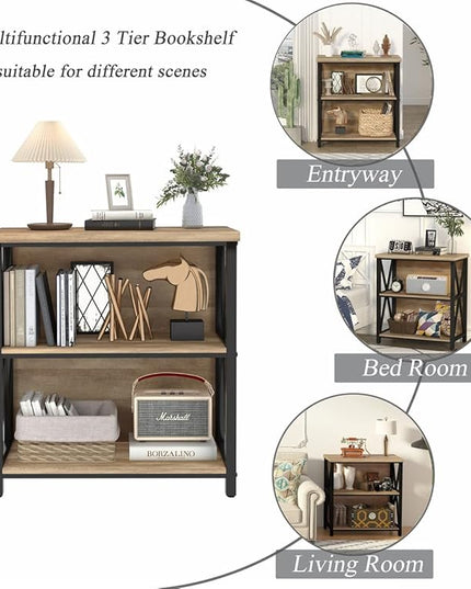 FATORRI Small Bookcase, Wood and Metal Low Short Bookshelf, Industrial Book Case and Rustic Book Shelf for Small Space (Rustic Oak) - LeafyLoom