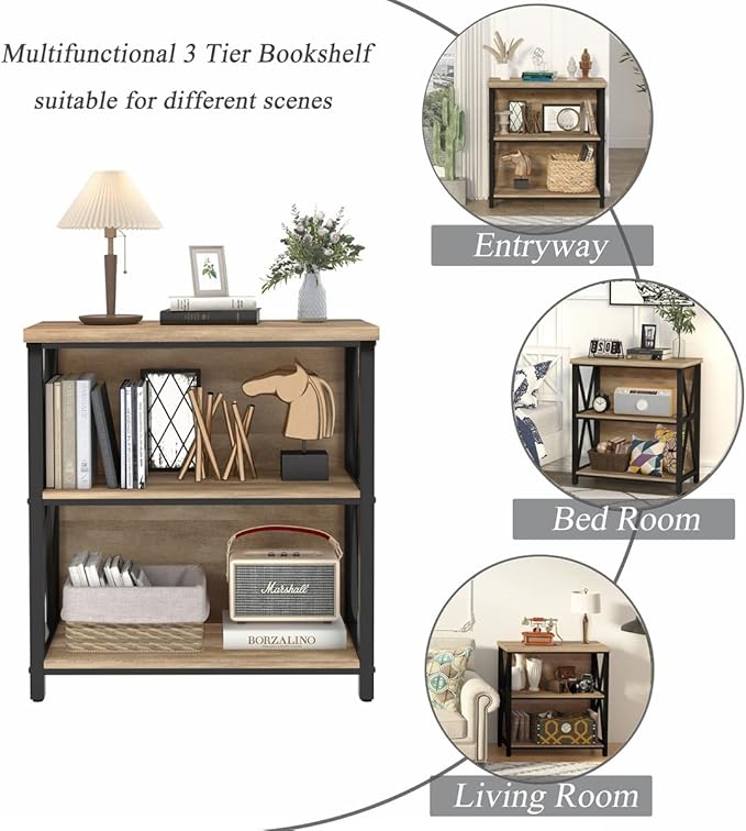 FATORRI Small Bookcase, Wood and Metal Low Short Bookshelf, Industrial Book Case and Rustic Book Shelf for Small Space (Rustic Oak) - LeafyLoom