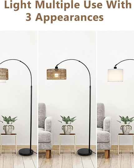 Arc Floor Lamp with Remote, Modern LED Floor Lamp with Dimmable Bulb, Boho Farmhouse Standing lamp with Fabric & Rattan Lampshades, Height Adjustable Black Tall Lamp for Living Room Bedroom - LeafyLoom