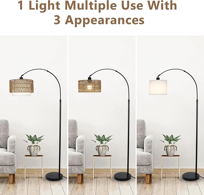 Arc Floor Lamp with Remote, Modern LED Floor Lamp with Dimmable Bulb, Boho Farmhouse Standing lamp with Fabric & Rattan Lampshades, Height Adjustable Black Tall Lamp for Living Room Bedroom - LeafyLoom