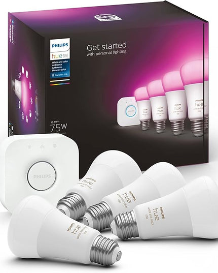 Philips Hue Smart Light Starter Kit - Includes (1) Bridge and (4) 75W A19 E26 LED Smart White and Color Ambiance Bulbs - Control with App - Compatible with Alexa, Google Assistant, and Apple HomeKit PhilipsHue