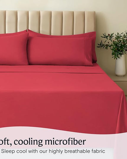LuxClub 6 PC Queen Sheet Set, Breathable Luxury Bed Sheets, Deep Pockets 18" Eco Friendly Wrinkle Free Cooling Sheets Machine Washable Hotel Bedding Silky Soft - Red Queen - LeafyLoom