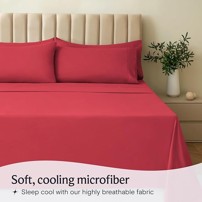LuxClub 6 PC Queen Sheet Set, Breathable Luxury Bed Sheets, Deep Pockets 18" Eco Friendly Wrinkle Free Cooling Sheets Machine Washable Hotel Bedding Silky Soft - Red Queen - LeafyLoom