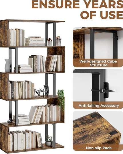 Gadroad 5-Tier Geometric Bookcase,S Shaped Bookshelf, Wood Decorative Storage Shelving, Modern Freestanding Display Shelves, Tall Book Shelf Unit for Living Room Bedroom, Rustic Brown - LeafyLoom