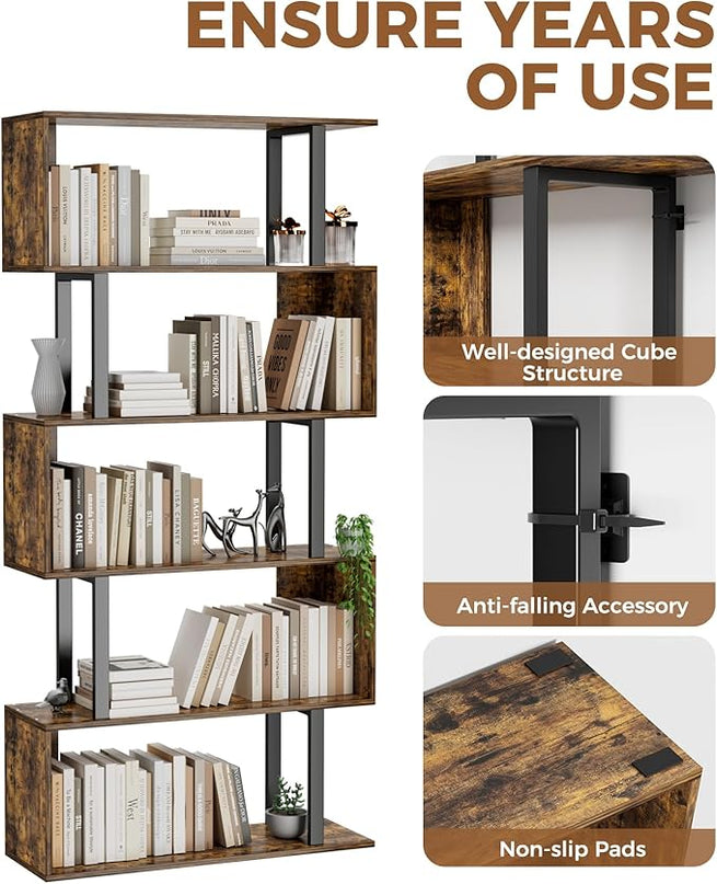 Gadroad 5-Tier Geometric Bookcase,S Shaped Bookshelf, Wood Decorative Storage Shelving, Modern Freestanding Display Shelves, Tall Book Shelf Unit for Living Room Bedroom, Rustic Brown - LeafyLoom