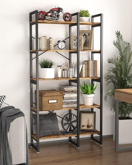 5 Tier Bookshelf and Bookcase, Rustic Industrial Bookshelf, Large Etagere Bookshelf Open Display Shleves with Metal Frame for Living Room Bedroom Home Office - LeafyLoom