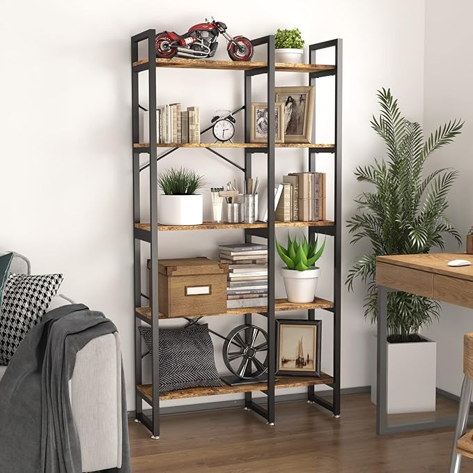 5 Tier Bookshelf and Bookcase, Rustic Industrial Bookshelf, Large Etagere Bookshelf Open Display Shleves with Metal Frame for Living Room Bedroom Home Office - LeafyLoom