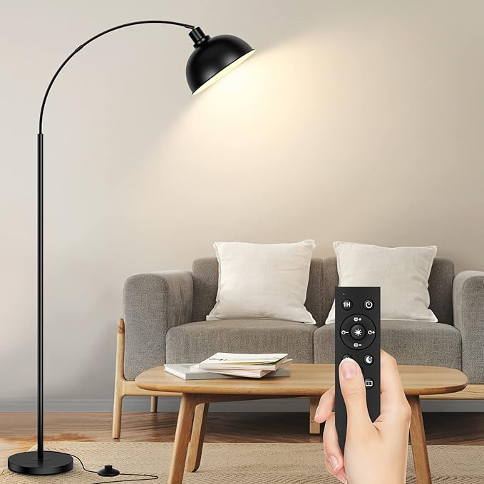 Arc Floor Lamps for Living Room, Modern Tall Standing Lamp Remote Control,Stepless Dimmable Black Floor Lamp with Hanging Dome Shade, Over Couch Arched Reading Lamp for Bedroom, Office (Bulb Included) - LeafyLoom