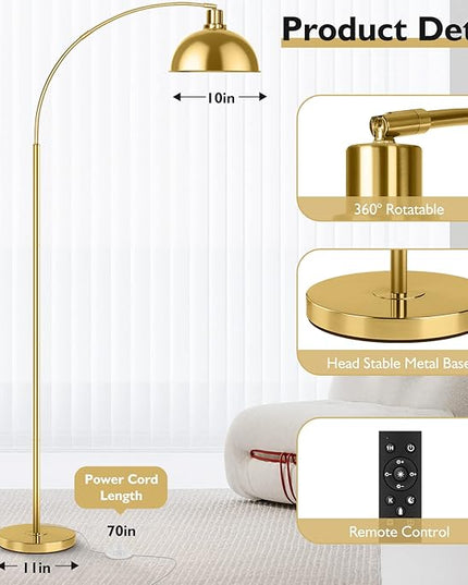 Arc Floor Lamps for Living Room, Modern Tall Standing Lamp Remote Control,Stepless Dimmable Gold Floor Lamp with Hanging Dome Shade, Over Couch Arched Reading Lamp for Bedroom, Office (Bulb Included) - LeafyLoom