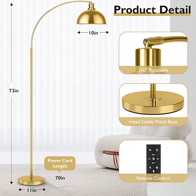 Arc Floor Lamps for Living Room, Modern Tall Standing Lamp Remote Control,Stepless Dimmable Gold Floor Lamp with Hanging Dome Shade, Over Couch Arched Reading Lamp for Bedroom, Office (Bulb Included) - LeafyLoom