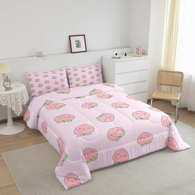 Cartoon Comforter Set King Size Pink Peach Bedding Set Kid Kawaii Down Comforter Girl Lovely Peach Duvet Set Cute Fruits Comforter Tropical Plant Bedding Reversible Soft Lightweight Room Decor - LeafyLoom