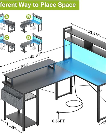Small L Shaped Desk Gaming Desk with Power Outlets, 48" Reversible L Shaped LED Computer Desk with Monitor Stand & Storage Shelf, Corner Gamer Desk Home Office Desk with Storage Bag, Black - LeafyLoom
