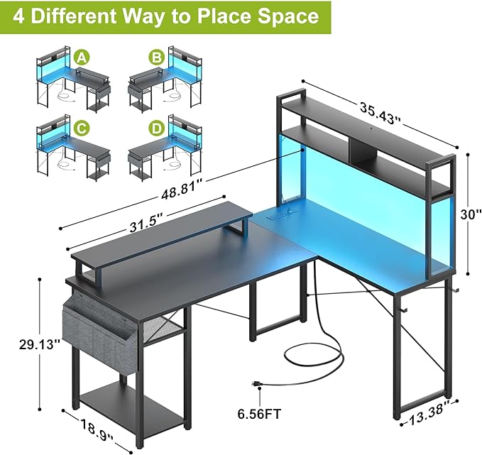 Small L Shaped Desk Gaming Desk with Power Outlets, 48" Reversible L Shaped LED Computer Desk with Monitor Stand & Storage Shelf, Corner Gamer Desk Home Office Desk with Storage Bag, Black - LeafyLoom