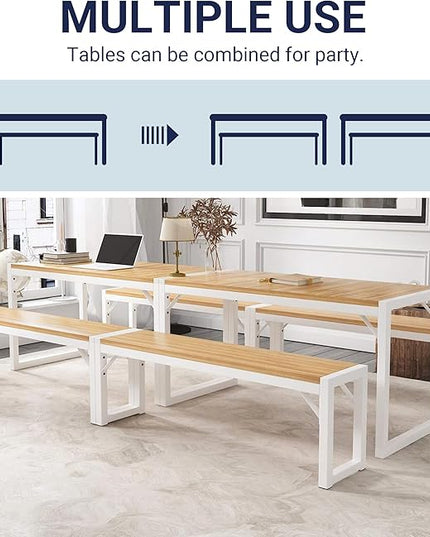 Allewie 3-Piece Kitchen Dining Table Sets with Benches, Sturdy Triangle Structure, Space-Saving, Multifunctional for Dining Room/Living Room/Studio, Maple Brown & White - LeafyLoom