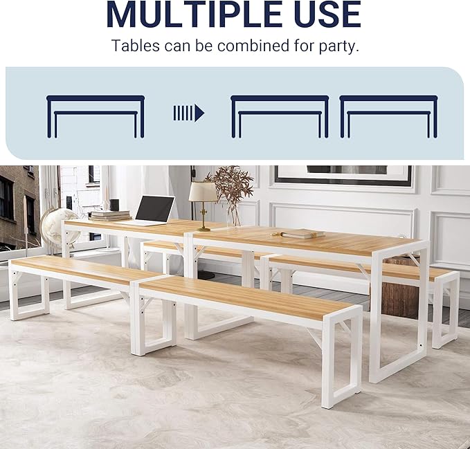 Allewie 3-Piece Kitchen Dining Table Sets with Benches, Sturdy Triangle Structure, Space-Saving, Multifunctional for Dining Room/Living Room/Studio, Maple Brown & White - LeafyLoom