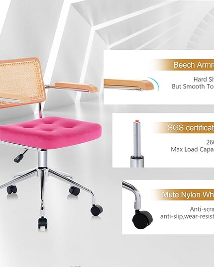 Zesthouse Modern Home Office Chair Velvet Desk Chair with Natural Rattan Back, Vanity Chair for Girls Women, Upholstered Tufted Swivel Armchair, Height Adjustable Computer Task Chair, Rose Red - LeafyLoom
