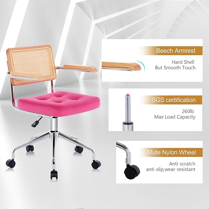 Zesthouse Modern Home Office Chair Velvet Desk Chair with Natural Rattan Back, Vanity Chair for Girls Women, Upholstered Tufted Swivel Armchair, Height Adjustable Computer Task Chair, Rose Red - LeafyLoom