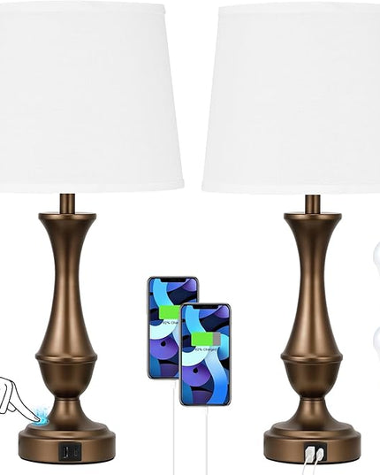 Touch Lamps for Bedrooms Set of 2 - Nightstand Table Lamp with USB C+A, 3 Way Dimmable Bedside Lamps for Living Room End Tables Set of 2, Farmhouse Night Stand Lamps(White&Brown) - LeafyLoom
