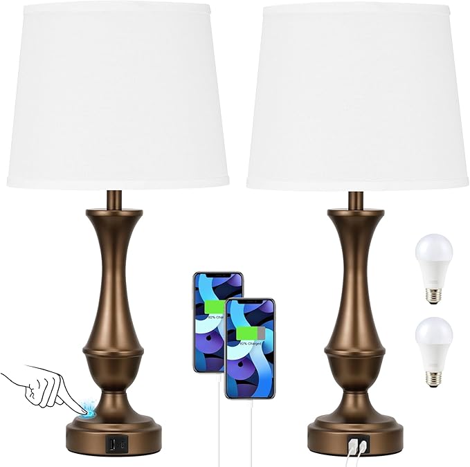 Touch Lamps for Bedrooms Set of 2 - Nightstand Table Lamp with USB C+A, 3 Way Dimmable Bedside Lamps for Living Room End Tables Set of 2, Farmhouse Night Stand Lamps(White&Brown) - LeafyLoom