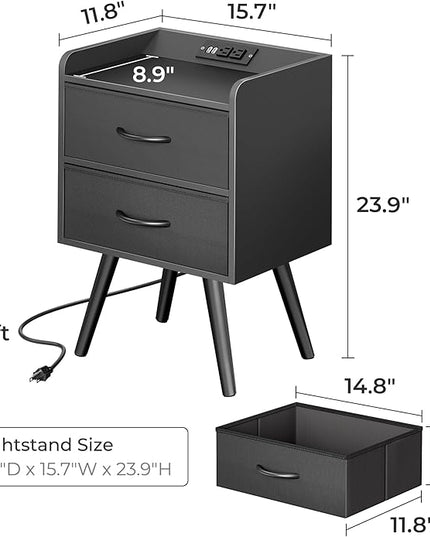 Night Stand with Charger Station, Nightstand with Drawers, Bedside Table, End Table with Solid Wood Feet, Black Nightstand, Side Tables for Bedroom - LeafyLoom