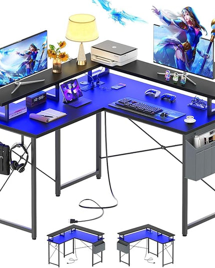 armocity L Shaped Computer Desk with Power Outlets, Small Gaming Desk L Shaped with LED Lights, 40 Inch Corner Desk with Storage Shelves, Work Study Desk for Bedroom, Home Office Small Spaces, Black - LeafyLoom