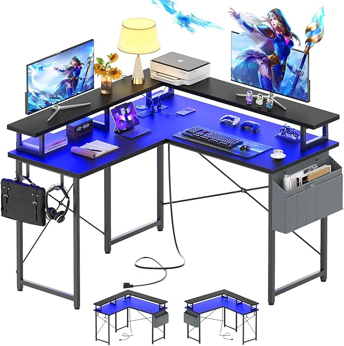 armocity L Shaped Computer Desk with Power Outlets, Small Gaming Desk L Shaped with LED Lights, 40 Inch Corner Desk with Storage Shelves, Work Study Desk for Bedroom, Home Office Small Spaces, Black - LeafyLoom
