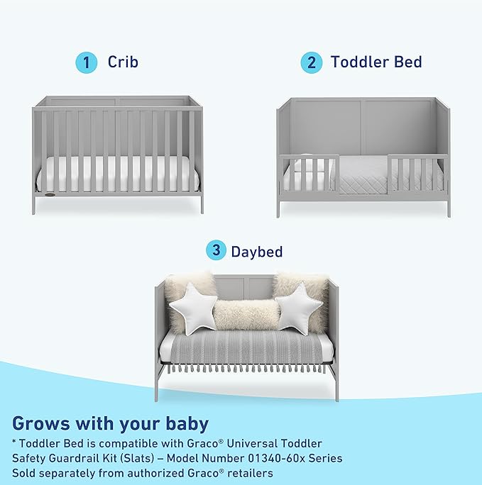 Graco Theo 3-in-1 Convertible Crib (Pebble Gray) - GREENGUARD Gold Certified, Converts to Toddler Bed & Daybed, Fits Standard Full-Size Crib Mattress, 4 Adjustable Mattress Heights - LeafyLoom