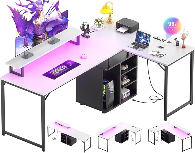Cyclysio L Shaped Gaming Desk with Wood Cabinet, 58" Large Corner Desk with LED Lights & Power Outlet, Reversible Computer Desk with Monitor Stand, Home Office Desk 2 Person Corner Desk, White Black - LeafyLoom