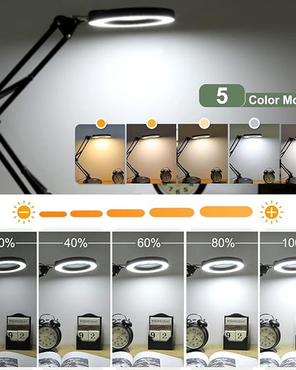 8X Magnifying Glass with Light and Stand, Upgrade Button 5 Color Modes Stepless Dimmable, 2-in-1 LED Lighted Magnifier Light, Hands Free Desk Lamp with Clamp for Craft Hobby Reading Close Work - LeafyLoom