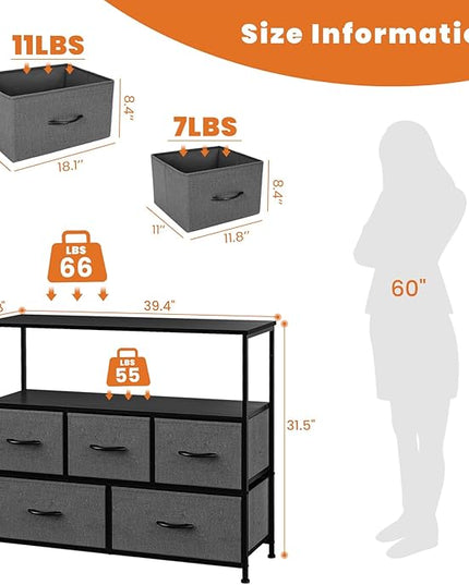 Sweetcrispy TV Stand for Bedroom, TV Dresser for 45 inches, Media Console Table, Entertainment Center with 5 Fabric Drawers Cabinet and Open Storage Shelf Furniture Cabinet for Living Room, Hallway - LeafyLoom