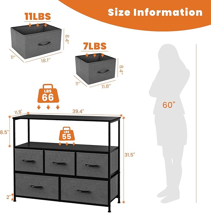 Sweetcrispy TV Stand for Bedroom, TV Dresser for 45 inches, Media Console Table, Entertainment Center with 5 Fabric Drawers Cabinet and Open Storage Shelf Furniture Cabinet for Living Room, Hallway - LeafyLoom
