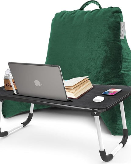 Clara Clark Reading Pillow with Portable Lap Desk for laptop Set, Back Pillow for Sitting Up in Bed, Memory Foam Back Support Pillow, Bed Rest Pillow with Foldable Laptop Desk, Standard - Dark Green - LeafyLoom