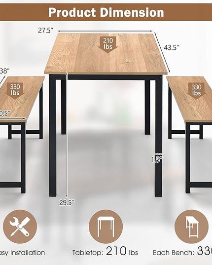 KOTEK Dining Table Set for 4, Modern Kitchen Table Set with 2 Benches, 3 Piece Dining Table and Bench Set for Small Space, 4-Person Dinette Set for Kitchen, Dining Room (Natural) - LeafyLoom