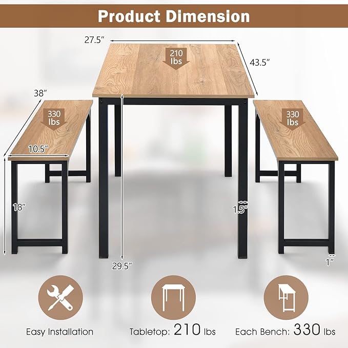 KOTEK Dining Table Set for 4, Modern Kitchen Table Set with 2 Benches, 3 Piece Dining Table and Bench Set for Small Space, 4-Person Dinette Set for Kitchen, Dining Room (Natural) - LeafyLoom