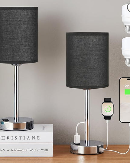 Innqoo Black Touch Bedside Lamps Set of 2-3 Way Dimmable Bedroom Lamps with USB C and A Ports and Outlets, Modern Nightstand Lamp with Silver Base, Small Table Lamps for Boy Nursery - LeafyLoom