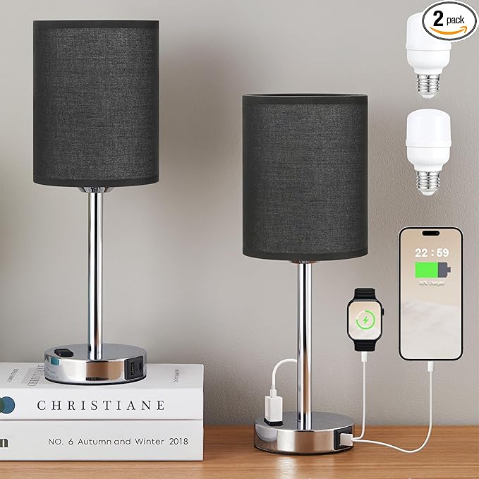 Innqoo Black Touch Bedside Lamps Set of 2-3 Way Dimmable Bedroom Lamps with USB C and A Ports and Outlets, Modern Nightstand Lamp with Silver Base, Small Table Lamps for Boy Nursery - LeafyLoom