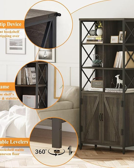 FATORRI Bookshelf with Doors, Rustic Wood Bookcase with Cabinet, Industrial Tall Cubby Book Shelf and Cube Organizer Shelf for Living Room (Walnut Brown) - LeafyLoom
