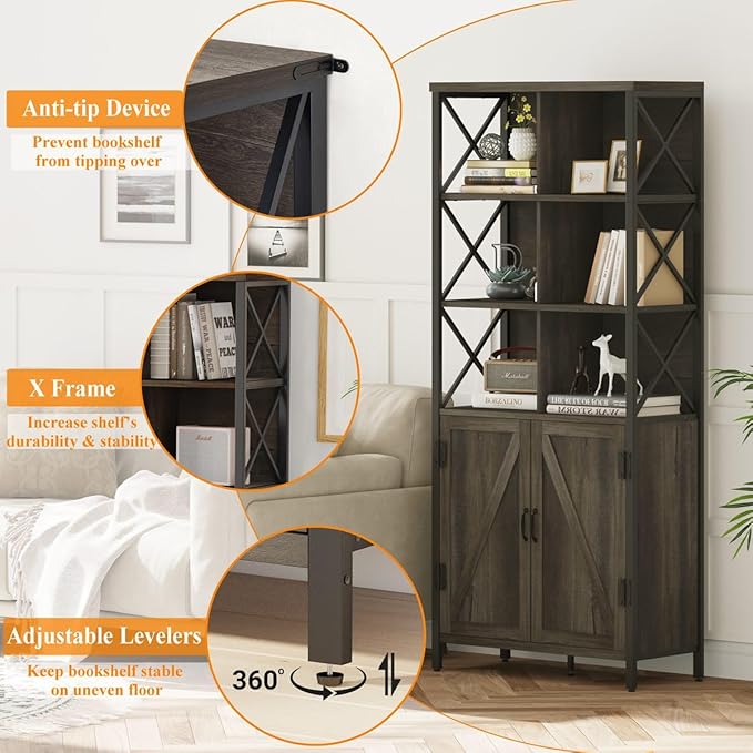 FATORRI Bookshelf with Doors, Rustic Wood Bookcase with Cabinet, Industrial Tall Cubby Book Shelf and Cube Organizer Shelf for Living Room (Walnut Brown) - LeafyLoom