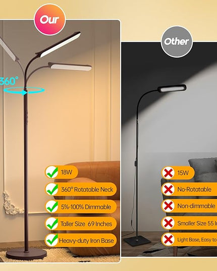 LED Floor Lamp, 18W Super Bright Floor Lamp for Living Room, Adjustable Stepless Colors & Brightness Gooseneck Standing Lamp, Eye Caring Reading Light with Remote& Touch Control for Bedroom Office - LeafyLoom