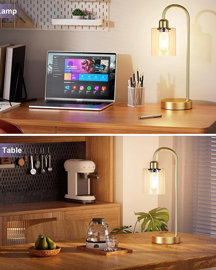 Innqoo Gold Industrial Touch Table Lamps for Bedrooms Set of 2-3-Way Dimmable Nightstand Lamps with USB C+A Ports and Outlet, Gold Bedside Lamps with Glass Shade, Desk Lamps for Home Office - LeafyLoom